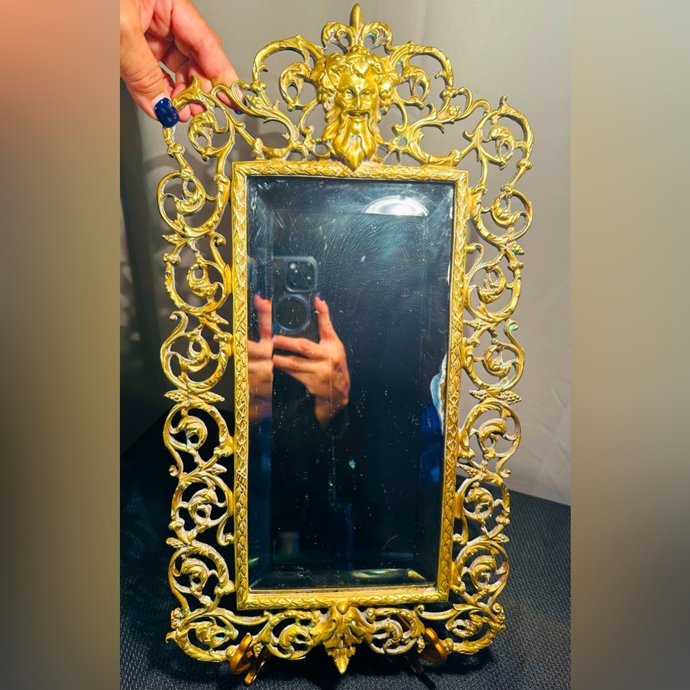 Antique 19th c. Victorian Brass Wall Mirror with Bacchus Face And Ornate Design